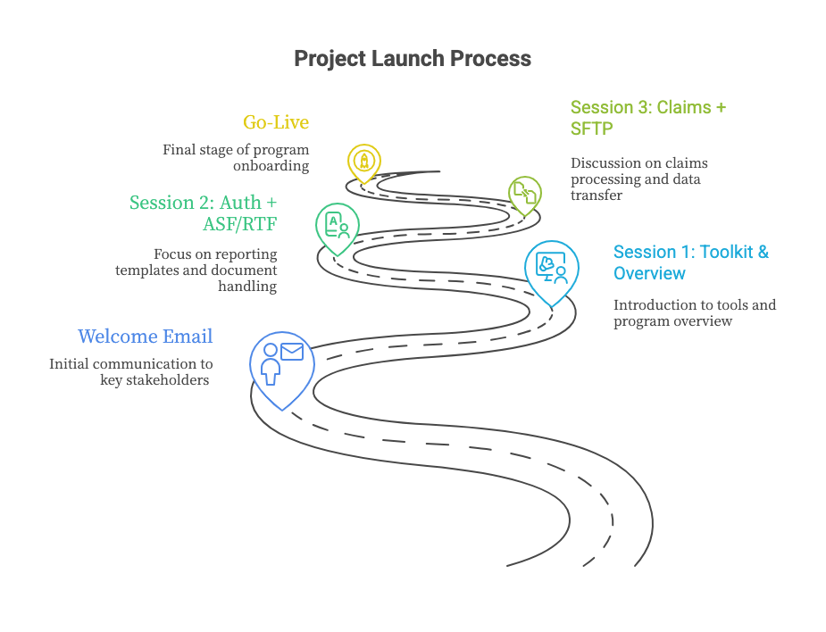 Project launch roadmap connecting onboarding milestones